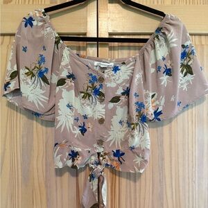 Aeropostale Tan and Pink Cropped Blouse with Flutter Sleeves